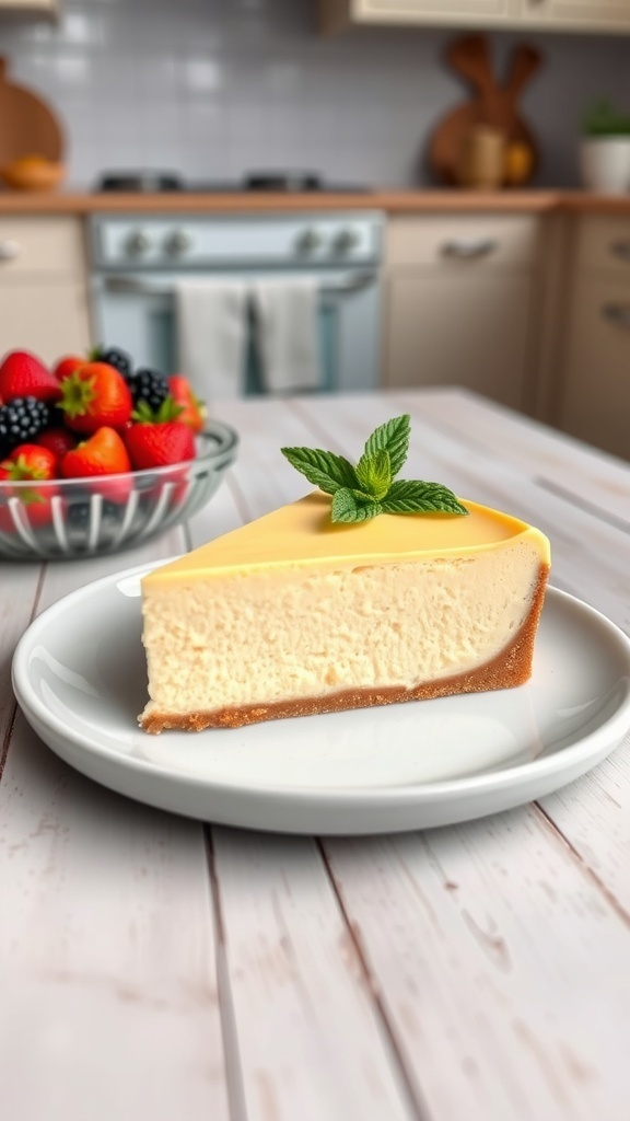 A slice of low carb cheesecake with berries and mint on a plate.